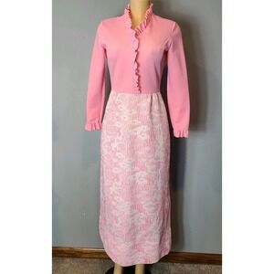 VTG Bleeker Street Dress Sz Small 60s 70s Pink  Floral Ruffle Coquette Regency